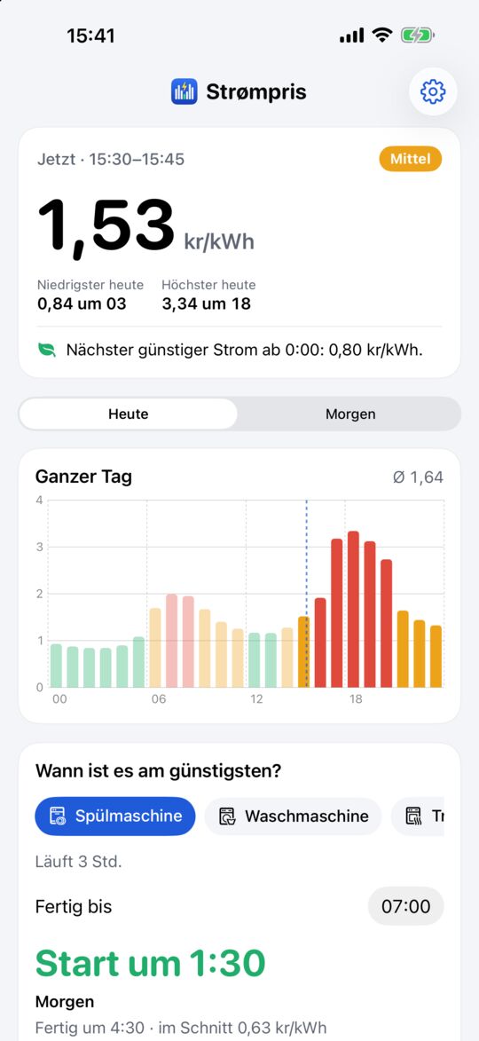 Strømpris auf dem iPhone: der Preis jetzt in großen Zahlen und die Preise des Tages als farbige Balken