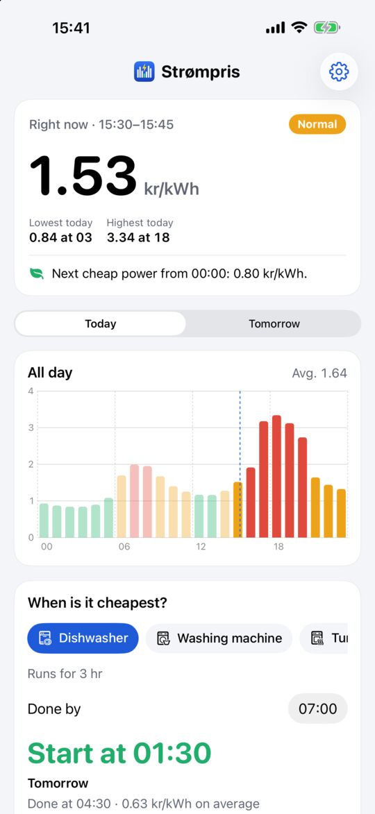 Strømpris on iPhone: the price right now in big numbers and today's prices as coloured bars